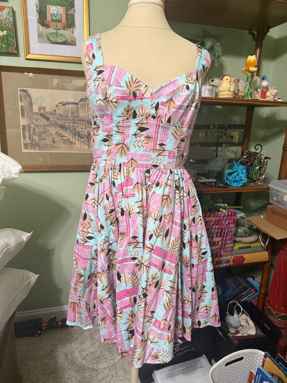 Sleeveless Pink & Aqua Printed Fit-and-Flare Midi Dress